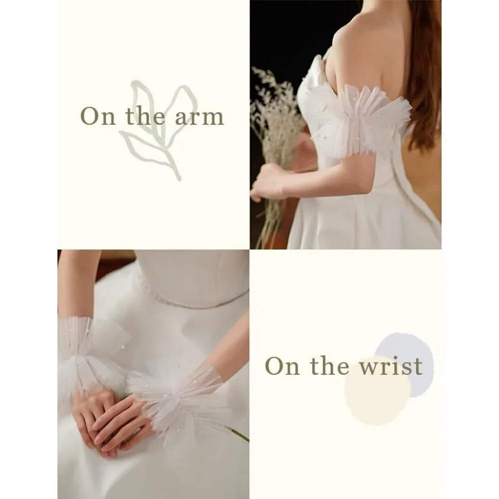 Women's Fingerless White Tulle Pearl Short Lace Gloves Hallowmas Accessory